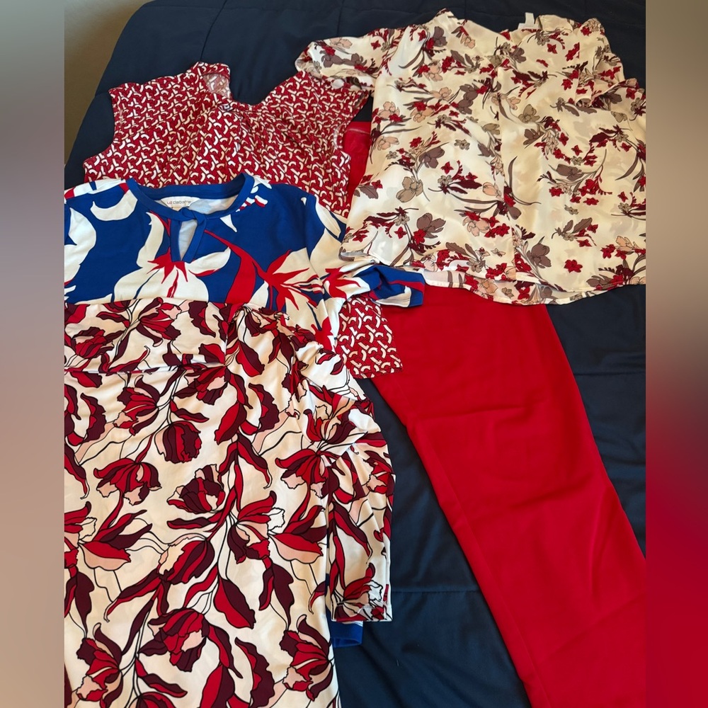 Floral and Abstract Print Tops with Red Pants